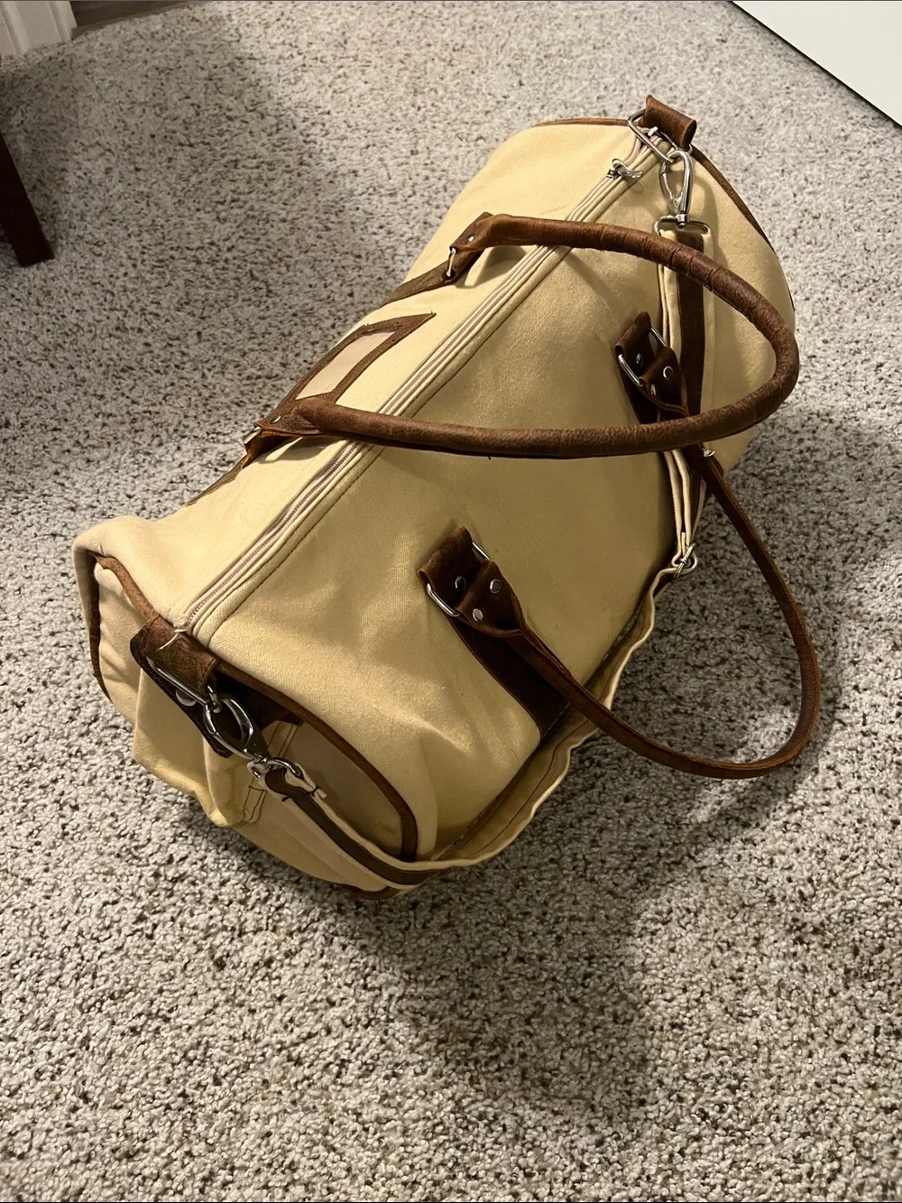 Canvas Duffel Bag with Brown Leather Handles and Accents - Beige